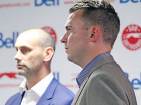 Soo Greyhounds GM Kyle Raftis (right) and coach Drew Bannister. (File photo)