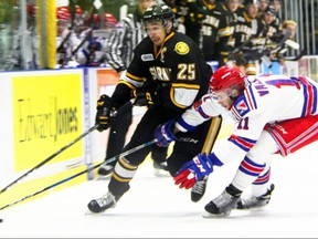 Sarnia Sting's Jordan Kyrou tries to move the puck by Kitchener Rangers defender Giovanni Vallati in Game 3 of the OHL Western Conference semifinal Tuesday at Progressive Auto Sales Arena in Sarnia. (Tyler Kula/Sarnia Observer)
