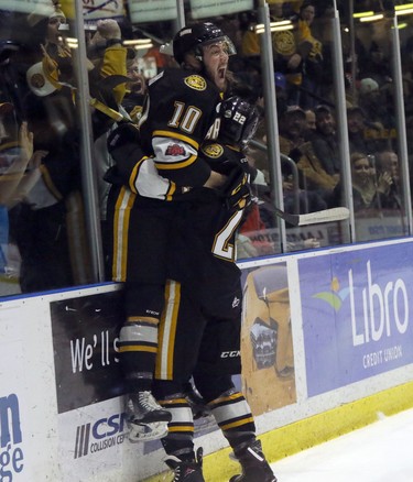 Sarnia Sting forward Anthony Salinitri, left, and teammate Mitch Eliot celebrate Salinitri's goal in the first period against the Kitchener Rangers in Sarnia on Sunday during Game 6 of their Ontario Hockey League semifinal series. Greg Colgan/Postmedia Network