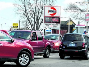 The Pioneer gas station on the east end of St. Thomas, around 2 p.m. Monday. The price would fall further during the afternoon as both they and the competing Mobil across the street started a bidding war, pushing prices more than 30 cents/litre lower than the area average. (Louis Pin // Times-Journal)