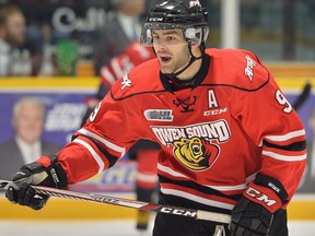 At the close of his five-year Ontario Hockey League career Ethan Szypula ranks No. 2 on the Owen Sound Attack all-time games played list. He also cracks the top-20 in points and assists. Terry Wilson/OHL images.
