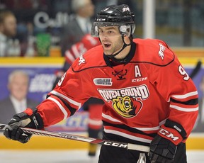 At the close of his five-year Ontario Hockey League career Ethan Szypula ranks No. 2 on the Owen Sound Attack all-time games played list. He also cracks the top-20 in points and assists. Terry Wilson/OHL images.