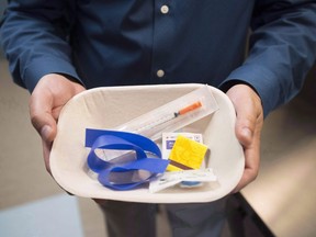 The kind of injection kit used in a supervised consumption site in Surrey, B.C., is shown. Not all agree that London should open such a site. (Canadian Press file photo)