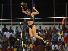 Canadian Alysha Newman competes in the women's pole vault during the Diamond League athletics competition at the Suhaim bin Hamad Stadium in Doha, on May 4, 2018. (AFP PHOTO)