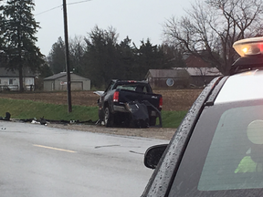 One man is dead and another sent to hospital after a crash just east of Aylmer at about 9:30 a.m. Thursday. 
Jennifer Bieman/The London Free Press