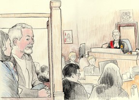 Boris Panovski, a language interpreter at his side, smiles as Superior Court Justice Joseph Donohue presides over his first-degree murder trial in the shooting death of a Toronto-area construction company executive in a conservation area in Huron County, north of London, in September 2014. Panovski, 73, of Scarborough, is charged in the death of Don Frigo, of Caledon East, and with attempted murder in the wounding of Frigo's wife, Eva Willer Frigo. He has pleaded not guilty to both charges in the trial in Goderich. (
Charles Vincent/Special to The London Free Press/Postmedia News)