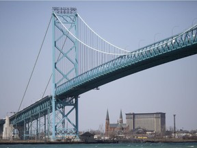 The Ambassador Bridge is seen from Windsor on on April 12, 2018.