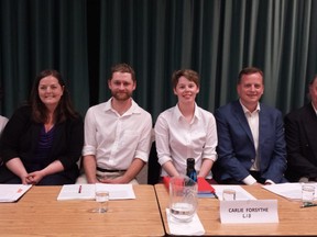 The candidates in Elgin-Middlesex-London (from left to right): Green Bronagh Morgan, New Democrat Amanda Stratton, Libertarian Richrd Styve, Liberal Carlie Forsythe, Progressive Conservative Jeff Yurek and the  Freedom Party's Dave Plumb. (DAN BROWN, The London Free Press)