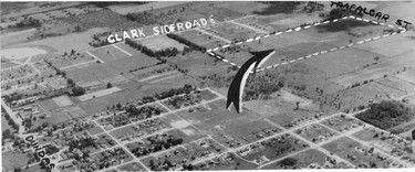 New housing subdivision at Clark Sideroad and Trafalgar Street, 1953. (London Free Press files)