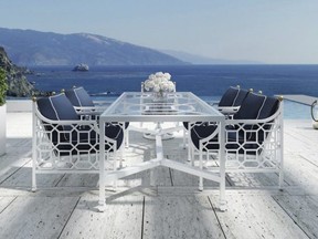 This photo provided by Castelle shows a table and chairs set from their Barclay Butera Collection. www.castelleluxury.com