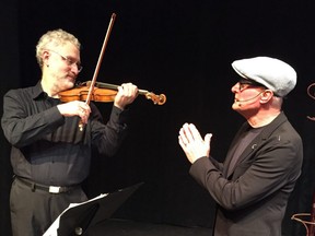 The Violin (Joe Lanza) and The Poet (David Stones) in Infinite Sequels, on at the Grand Theatre's McManus Stage as part of London Fringe.