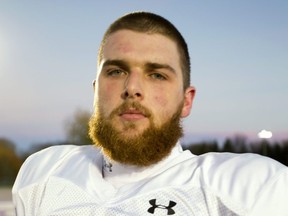 David Mackie the long snapper for the Western Mustangs as well as slotback/runningback. Mackie was at practice at TD stadium in London in this file photo.