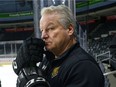 London Knights coach Dale Hunter at the bench during practice at Budweiser Gardens on Wednesday Nov 29, 2017. (Free Press file photo)