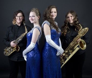 Sydney Fangrad, left, Haylee James, Tabitha Clarke, and Hailey Lalonde are performing in a Clarke Road Secondary School show about the sounds of Memphis and Motown. Derek Ruttan/The London Free Press/Postmedia Network