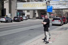 Gourmet Deli owner Thomas Sandick says he is losing $3,000 in sales  per month because the city has replaced King St. parking spots in front of the eatery with a bus stop. (DEREK RUTTAN, The London Free Press)