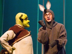 Beal Musical Theatre presents Shrek: The Musical starting May 9th in London, Ont.  Shrek played by Keith Ssemugenyi and donkey played by Jacob Collier. (Mike Hensen/The London Free Press)