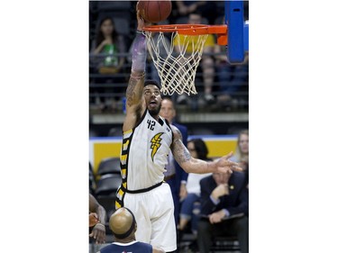 London Lightning player Julian Boyd pots two points during the first half of Game 3 of the NBL of Canada championship series against the Halifax Hurricanes in London, Ont. on Thursday May 10, 2018. (Derek Ruttan/The London Free Press)