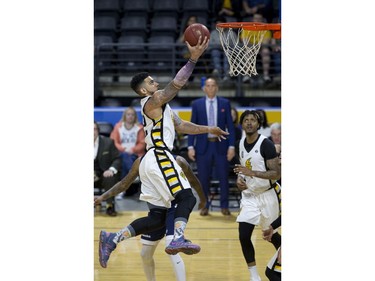London Lightning player Julian Boyd lays up two points during the first half of Game 3 of the NBL of Canada championship series against the Halifax Hurricanes in London, Ont. on Thursday May 10, 2018. (Derek Ruttan/The London Free Press)