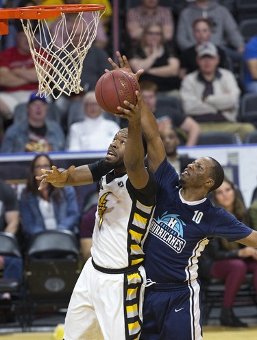 Mike Poole of the Halifax Hurricanes prevents the London Lightning's Yohanny Dalembert from scoring during their playoff game at Budweiser Gardens in London on Monday, May 14. Derek Ruttan/The London Free Press