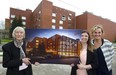 The new home of the London Children's Museum will be in the old Kellogg factory in east London. Founder Carol Johnstone, with executive director Amanda Conlon and board chair Natalie Spoozak, hold up a rendering showing a large glassed-in atrium added to the factory's west face. (Mike Hensen/The London Free Press)