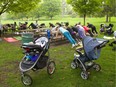 Seventeen moms with their strollers were working their way through a stroller bootcamp in Springbank Park on Tuesday May 22, 2018.  The camps run for six weeks, and feature twice weekly 75-90 minute workouts and companionship for the moms. Mike Hensen/The London Free Press