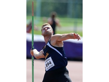 Josh Mather of Strathroy DCI wins the senior boys javelin on Thursday, the first day of WOSSAA held at TD stadium in London. Mather placed second in OFSAA last year in the event. Mike Hensen/The London Free Press