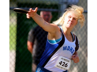 Elisa Bolinger of Mitchell DHS competes in the senior girls discus on Day 2 of WOSSAA at TD stadium on Friday May 25.  Mike Hensen/The London Free Press