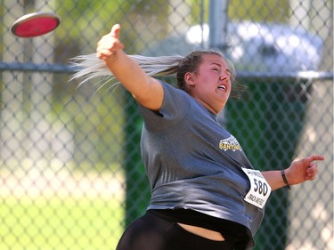 Adele St. John of Banting competes in the senior girls discus on Day 2 of WOSSAA at TD stadium on Friday May 25.  Mike Hensen/The London Free Press