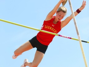 Christy Rizzo of Saunders won the senior girls pole vault on day 2 of WOSSAA at TD stadium on Friday.  Rizzo cleared 3.45m for the win below her personal best of 3.51m. (Mike Hensen/The London Free Press)