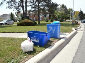Recycling sits on the curb beside a ribbon-tied bag of non-perishable food for the London Food Bank. (File photo)