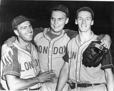 In 1948 the London Majors won the North American sandlot baseball championship against Fort Wayne, from left are team members Russ Evon, Tommy White and Ken McFadden. (London Free Press files)