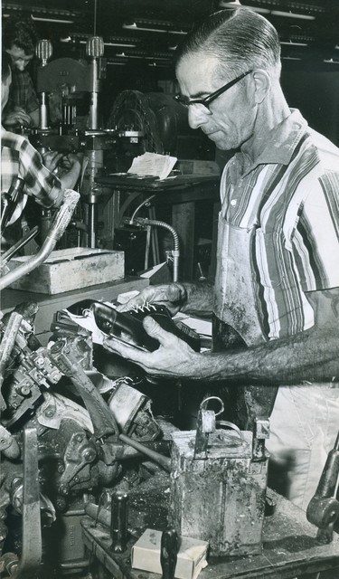 McHale-Florsheim hoes, John Bolton works on shoes, 1965. (London Free Press files)