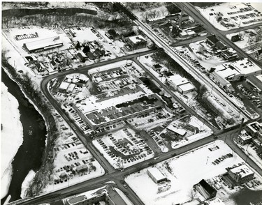 Aerial showing McManus Motors property, 1980. (London Free Press files)