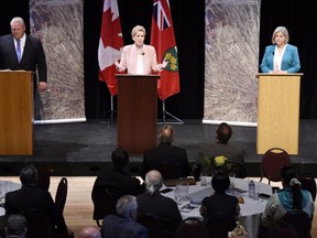 Ontario Progressive Conservative Leader Doug Ford, from left, Ontario Liberal Leader Kathleen Wynne and Ontario NDP Leader Andrea Horwath take part in the second of three leaders' debate in Parry Sound. (File photo)