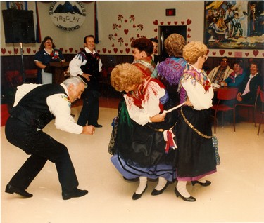 Panorama performance of Slovenian senior folk dance group Zlatorog Friday at the Slovenian Club. Female dancers are left to right: Marcella Rijavec, Marie Kocevar, Norma Pizziga and Mary Horvat, guided by Joseph Gruden, 1991. (London Free Press files)