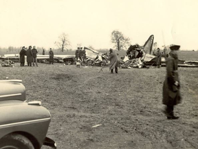 The wreckage of an American Airlines plane that crashed on Oct. 30, 1941 in a field near St. Thomas and killed all 20 people aboard. Southwold politicians are planning a plaque at the crash site, more than 75 years after the disaster. (Courtesy of Elgin County Archives)