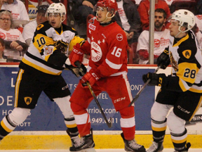 Hamilton Bulldogs winger Nicholas Caamano (left), Soo Greyhounds centre Morgan Frost and Bulldogs winger Marian Studenic, follow the play during first-period OHL championship action Thursday, May 3, 2018, at Essar Centre in Sault Ste. Marie, Ont. JEFFREY OUGLER/SAULT STAR/ POSTMEDIA NETWORK