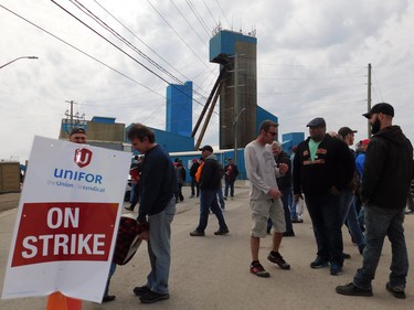 Strikers at Compass Minerals' Goderich salt mine, seen here Tuesday, May 2, say it's been 11 days since their union, Unifor, has heard from the company. But the workers say, with the backing of their national union and local support, they're willing to stay out for however long it takes Compass to make a move.  (Kathleen Smith/Goderich Signal Star)