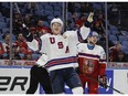 U.S. forward Brady Tkachuk (7) celebrates a goal during the second period in the bronze-medal game of the World Junior Hockey Championships against the Czech Republic, Friday, Jan. 5, 2018, in Buffalo, N.Y.