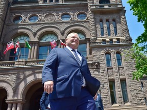 Ontario premier-elect Doug Ford walks out onto the front lawn of the Ontario Legislature at Queen's Park in Toronto on Friday, June 8, 2018.