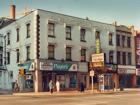 Northeast corner of Dundas and Talbot, housing a convenience store, restaurant and salon. The salon's building was once known a Gothic Hall, a building dating from the 1840s, September 1989. (London Free Press files)