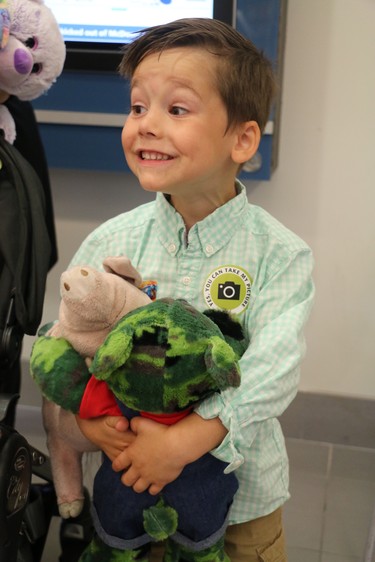Jack Malloy, 4, is excited about his new teddy bear, which he named Jungle Joe. He attended Wednesday's Teddy Bear Picnic at London's children's hospital. (SHANNON COULTER, The London Free Press)