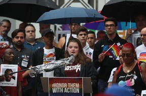 Aly Sheehy, a Marjory Stoneman Douglas High School shooting survivor, speaks during a rally in front of Orlando city hall on Monday in Orlando, Florida. Pulse nightclub and Marjory Stoneman Douglas High School shooting survivors and their supporters held the rally to demand political leaders stop the epidemic of gun violence as well as reject NRA influence and help the communities around the country that have experienced mass shootings. (Joe Raedle/Getty Images)
