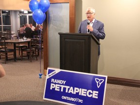 Progressive Conservative Randy Pettapiece thanks supporters at the Listowel Golf Club after being elected in Perth-Wellington Thursday. (JONATHAN JUHA/THE BEACON HERALD)