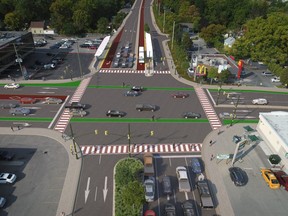 An artist's rendering of bus rapid transit at Oxford Street West at Wharncliffe Road, looking west