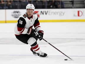 In this March 28, 2018, file photo, Arizona Coyotes' Max Domi (16) plays against the Vegas Golden Knights during an NHL hockey game in Las Vegas. The Coyotes have traded Domi to the Montreal Canadiens for Alex Galchenyuk in an exchange of young, talented players. The 23-year-old Domi had been one of the cornerstones of Arizona's rebuilding project since the Coyotes selected him with the 12th overall pick in 2013. The son of former NHL tough guy Tie Domi, Max scored 18 goals and had 34 assists as a rookie in 2015-16, but his production has dipped the past two seasons.