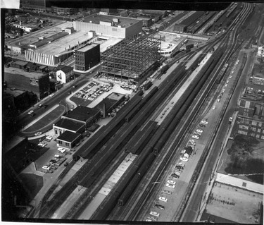 Aerial view looking east of CNR York Street station and marshelling yards, 1961. (London Free Press files)