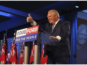 Ontario's Premier Doug Ford comes on stage to address his supporters at the Toronto Congress Centre on Thursday, June 7, 2018.