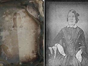 A 19th-century daguerreotype, the earliest commercial photography method, shows the faint outline of a woman. Western University researchers uncovered the full image, hidden behind the tarnish, using a high-tech scan to map the chemicals on the metal plate. (Western University/Contributed Photo)