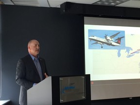 Ronald Kaercher, the director of regional airlines and markets for Air Canada explains the new London to Montreal flight service to community members on Wednesday.
